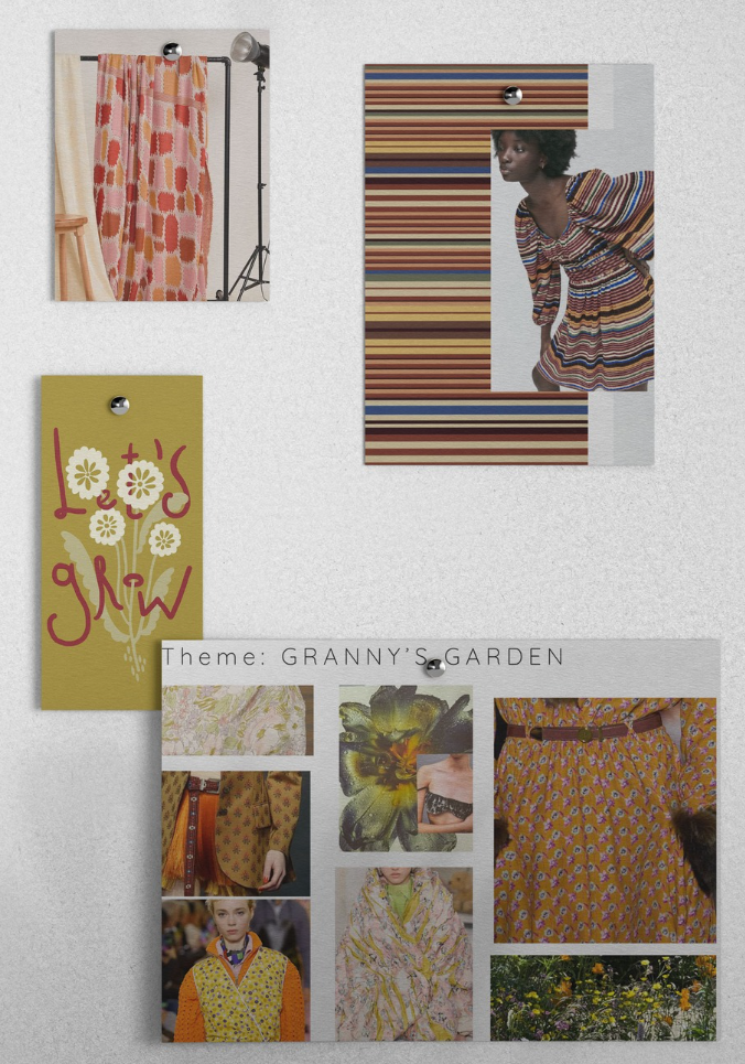 Moodboard collage for the Granny's Garden textile print theme